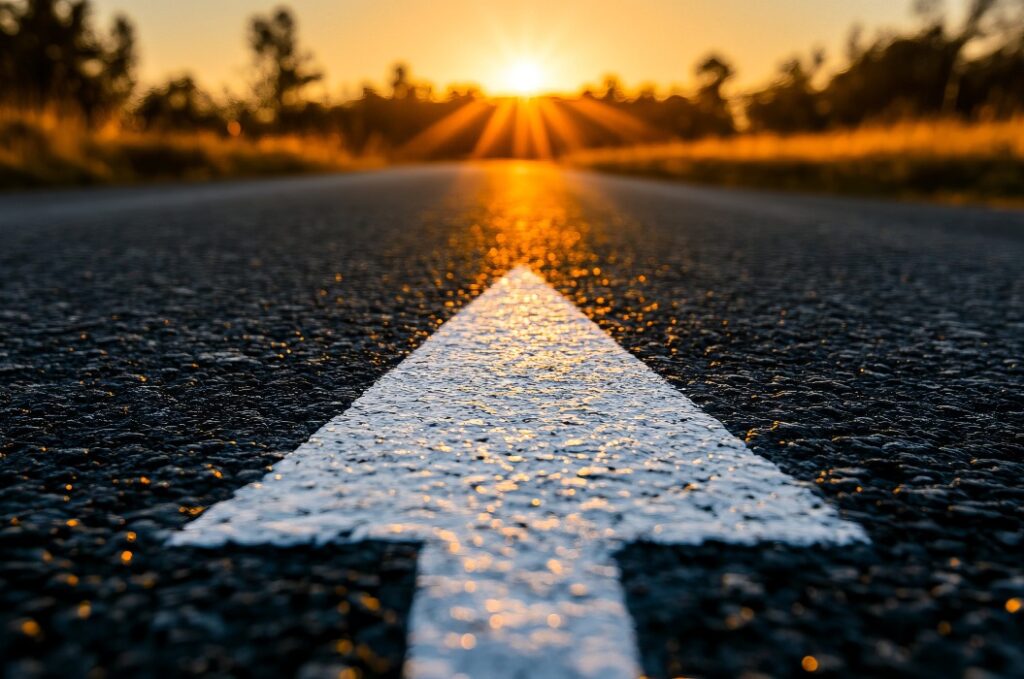 Weißer Pfeil auf der Asphaltstraße während des Sonnenuntergangs. Geradeaus Weg Konzept, Weg zum Erfolg Richtung, Business-Karriere Zukunft Beratung, Reise zum Ziel